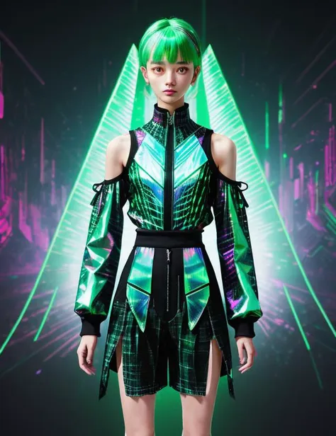 a woman in a green and black outfit standing in front of a neon light