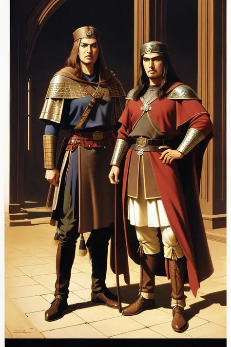 two men dressed in medieval clothing standing next to each other