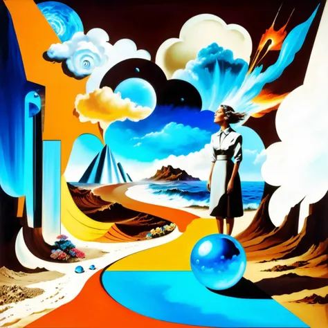 painting of a man standing in front of a colorful landscape