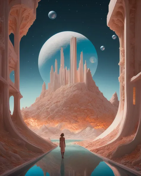 a man standing in a tunnel looking at a planet