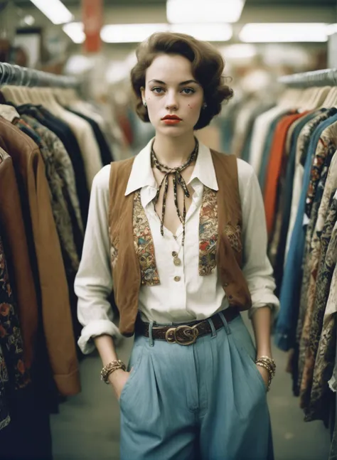 young woman dressed like a thriftstore-chic, detailed and epic, analog realistic photography