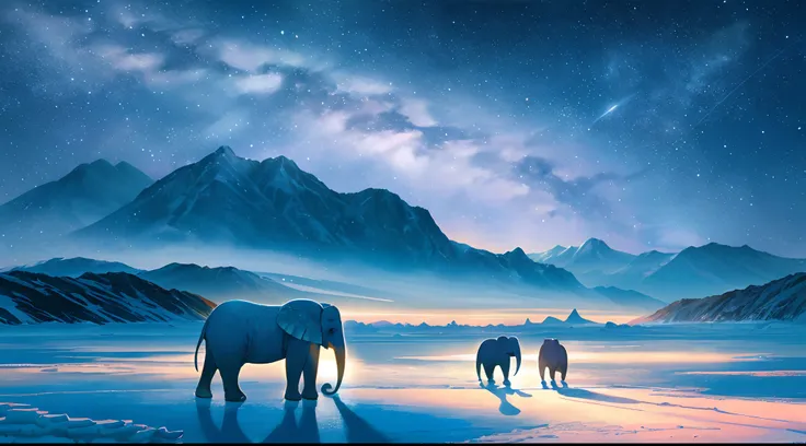 (photorealistic:1.2), illustratio：hidenori matsubara, ice river,fansty world,dazzle,the night,starrysky,chilly,elephants,o cacho...