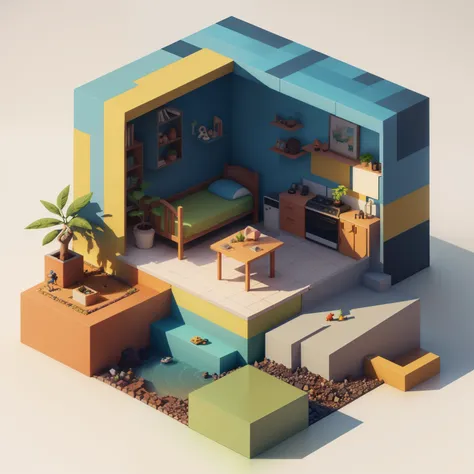 (isometric perspective:1.5),(pixar-style:1.2),sobu,beds,sofe,(small bonsai:0.8),table light,tvp,wall paintings,3d,disney,panoram...