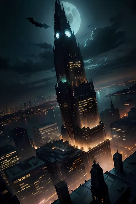 Batman, o Cavaleiro das Trevas sobe sobre a cidade de Gotham, Noite em Gotham City, arte de fantasia urbana estilizada, Gotham s...