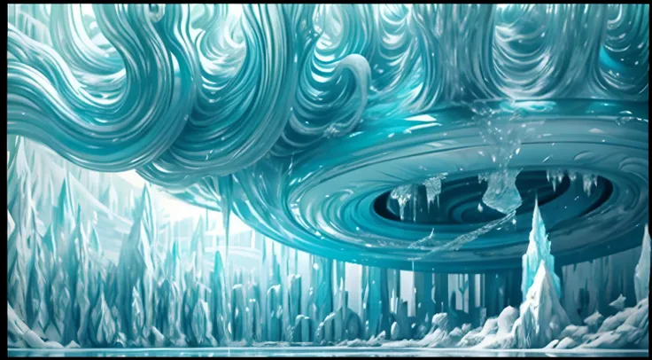 many huge icicles descend from the clouds，contact the surface of the lake，alien chaos landscape，rozaksky style