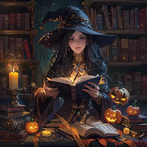 A witch reads a book in a dark room with pumpkins and candles, black - haired mage, The Magician Woman, Conjuring spell, Young S...