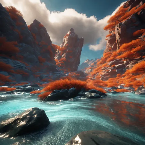 water screenshot screenshot, in the style of uhd image, low-angle, mountainous vistas, white and orange, video montages, hyperre...