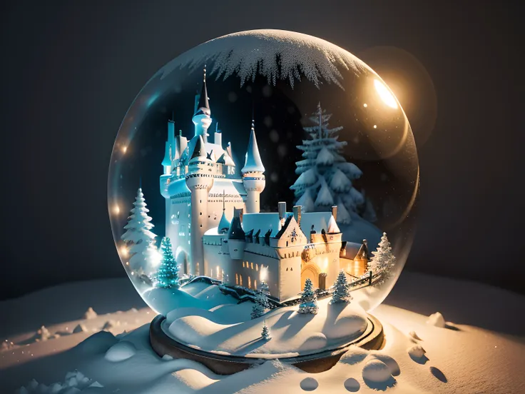 "Generate an ultra-high definition image of a snow globe capturing a zoomed-in view of an old castle enveloped in a mesmerizing ...