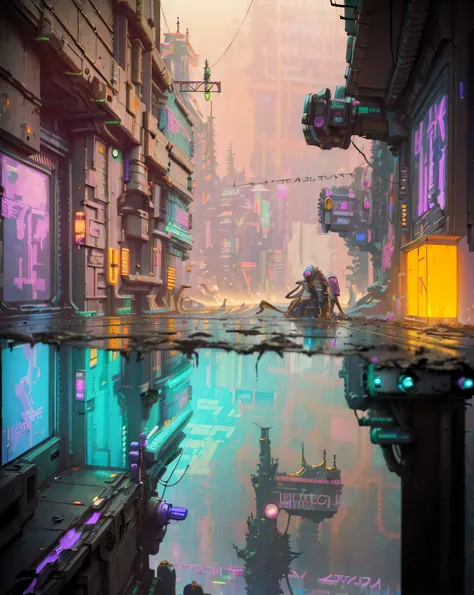 (cyberpunk:2),cyberpunk 2077, city, (night:2),street, power lines, umbrella, building, sign, rain , utility pole,  neon lights,d...