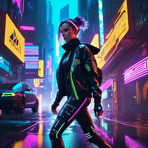 sleek cyberpunk runner, neon-drenched metropolis, female protagonist, cyber-enhancements, reflective visor, holographic tattoos,...