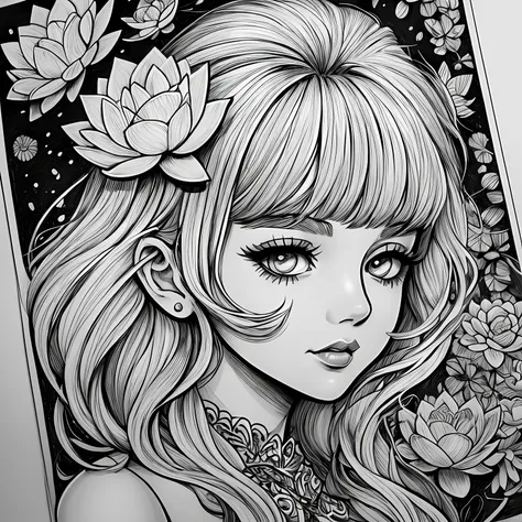 black and white stick figure girl with lotus flower in background, loli in dress with flowers, its fine ink line art, comic styl...