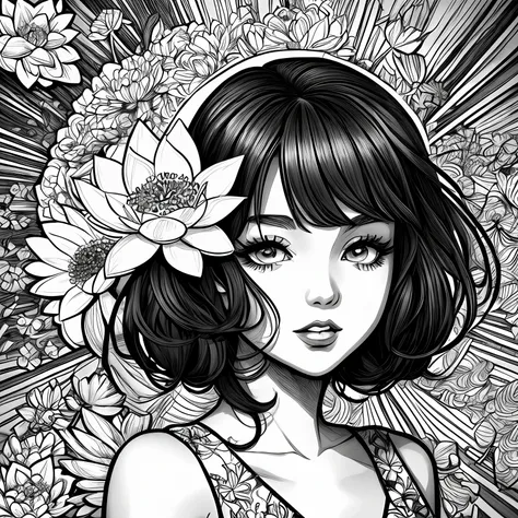 black and white stick figure girl with lotus flower in background, loli in dress with flowers, its fine ink line art, comic styl...