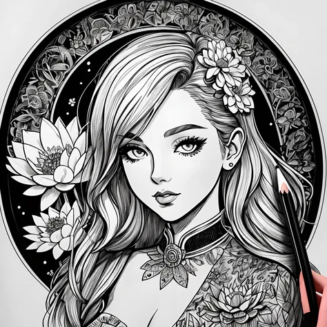 black and white stick figure girl with lotus flower in background, loli in dress with flowers, its fine ink line art, comic styl...