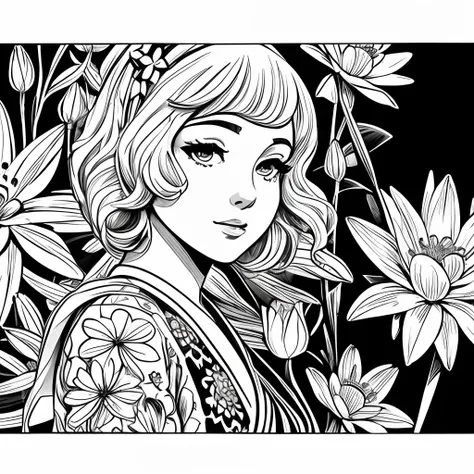 black and white stick figure 1 girl with river lillies flower in background, loli in dress with flowers, its fine ink line art, ...