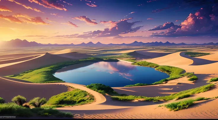 super wide shot，vast desert，a legendary desert oasis，sunset，heart-shaped lake，(zoomout:1.2)，(greenery:1.2)，the fountain，surreali...