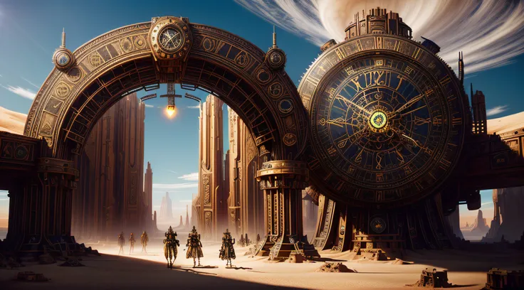 there are people standing in front of a giant clock in the desert, like time portal, 3d rendered steampunk, steampunk fantasy st...