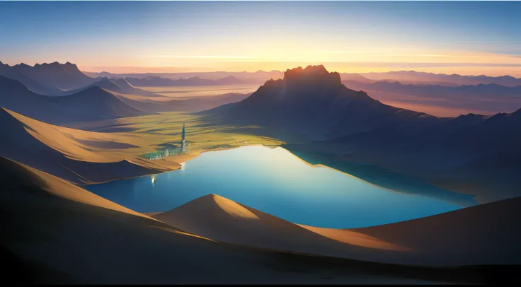 super wide shot，vast desert，a legendary desert oasis，sunset，heart-shaped lake，(zoomout:1.2)，(greenery:1.2)，the fountain，fantasy ...