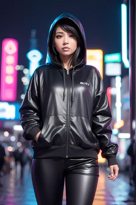 "woman in a cyberpunk hoodie suit in a city full of neon lights, rodeado de letras. image must be in 8k resolution, mostrando el...