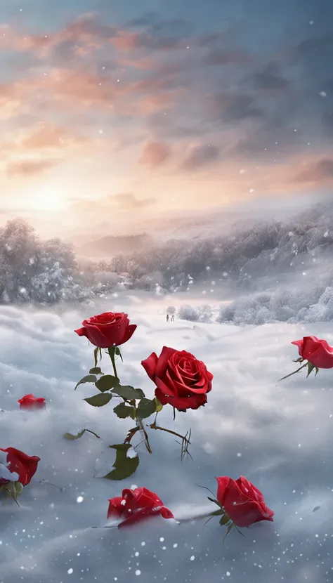 there are two roses that are in the snow on the ground, a digital painting by Igor Zenin, tumblr, digital art, white and red ros...