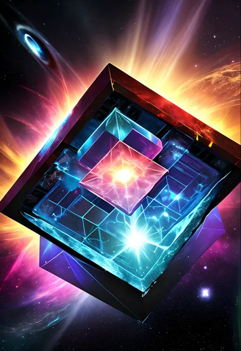 tesseract, strange geometry, confusing, multidimensional, unusual shapes, nebula, black hole, dark, destroyed planet, molten