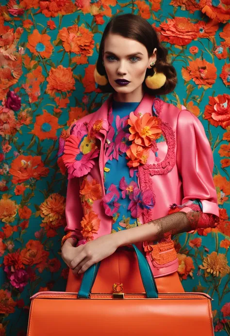 haute couture spring fashion shoot，cute haute couture handbags，lucy grosssmith style，colorful，striking composition，vibrant paint...