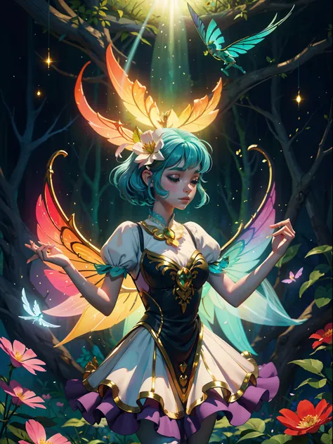 "enchanting flower fairy dancing in a mystical forest, vibrant colors and delicate details, creating an ethereal atmosphere. com...