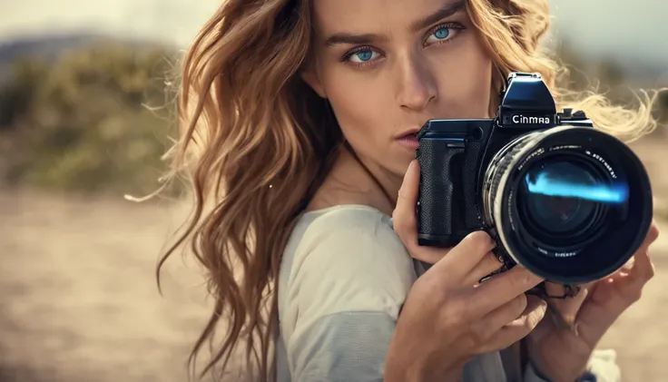 foto realista, beautiful young lady, 22, blue eyes holding a camera, --ar 4:5