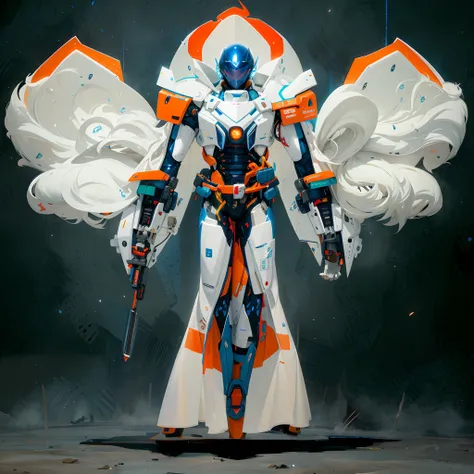 a white colored transformer with orange inserts, symmetrically arranged orange parts, on the frontof the body not transparent ca...