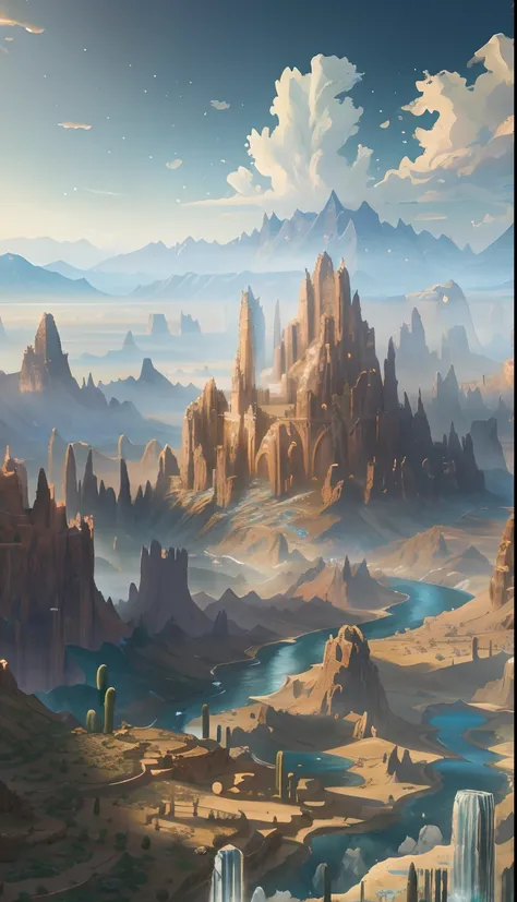 there is a painting of the desert，there are rivers and mountains, impressive fantasy landscape, epic landscapes, most epic lands...