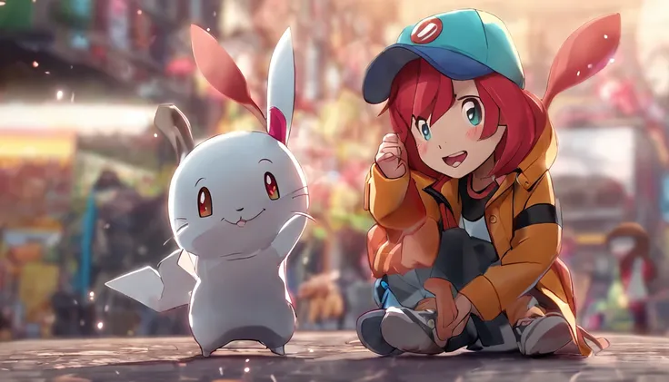 pokemon, cinderace, bunny, jacket, happy, red hair, hat