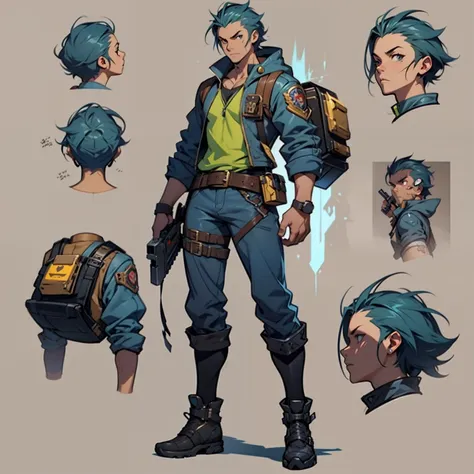 close-up of a man in a gun costume, ((character concept art)), ((character design sheet, same character, front, side, back)) map...