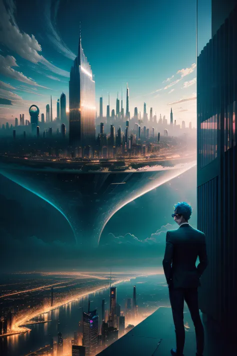 (((inspiration: surreal cityscape))), unique landscape of nerd man looking, translucent glass, sky filled with floating neon clo...