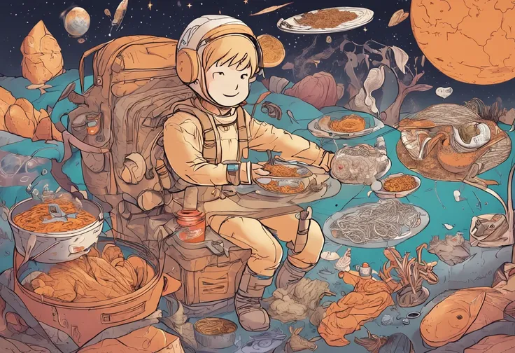 a teenager dressed in an explorer's costume flies through the sky，surrounded by sweet potato noodles sweet potato noodles and va...