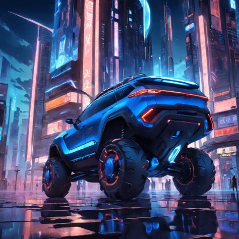 suv cars exploring futuristic cities in the sunset，blue luminous building，mysterious technology，mysterious creature