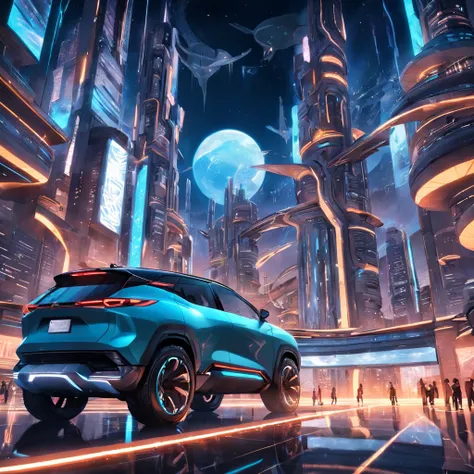 suv cars exploring futuristic cities in the sun，sunny architecture，mysterious technology，sense of science and technology