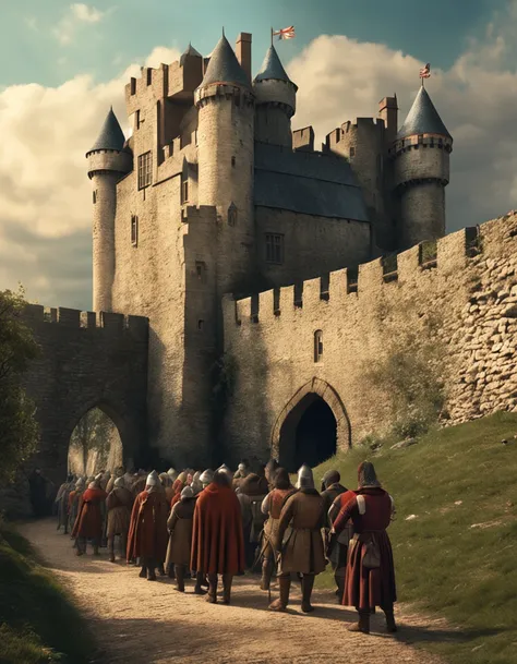 medieval english castle with peasant workers queuing up outside the castle walls