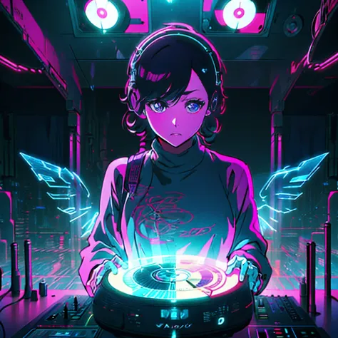 white anime girl wearing black headphones，with bee wings and rgb led light, medium black curly hair, freckle, dimple, purple eye...