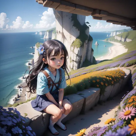 best quality, hiyao miyazaki,8k，super healing little boy little girl looking out to sea high on the edge of a cliff，plethora of ...