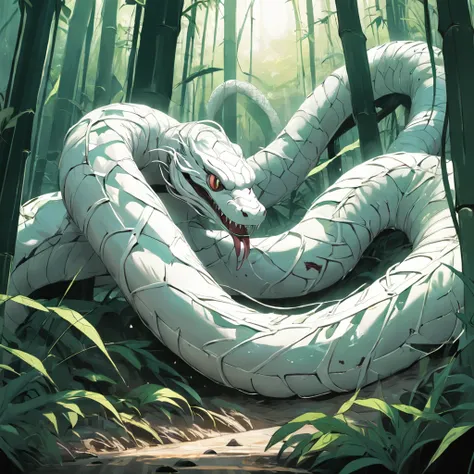 entangled in a huge white snake，in bamboo forest，folk suspense comic book style，sense of cinema，photorealestic，。.3d