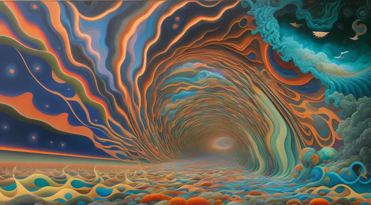 painting of a tunnel with a blue and orange swirl and a blue sky, surreal oil on canvas, swirling scene, por amanda sage, whirlw...