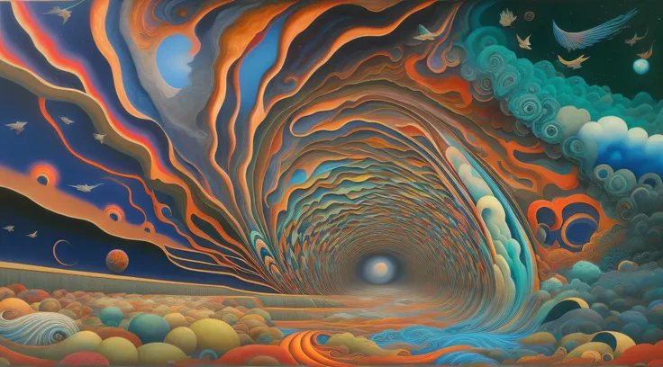 painting of a tunnel with a blue and orange swirl and a blue sky, surreal oil on canvas, swirling scene, por amanda sage, whirlw...