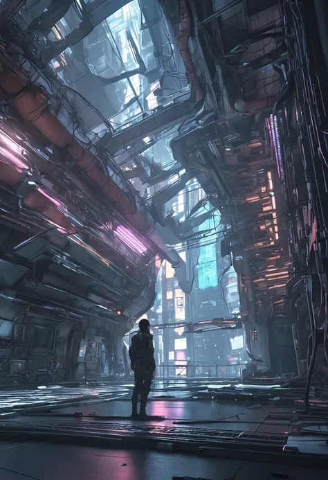 sci-fi ghost in the shell，akira，interior of a cyberpunk style building，lots of cable ducts，light shines through the windows in t...