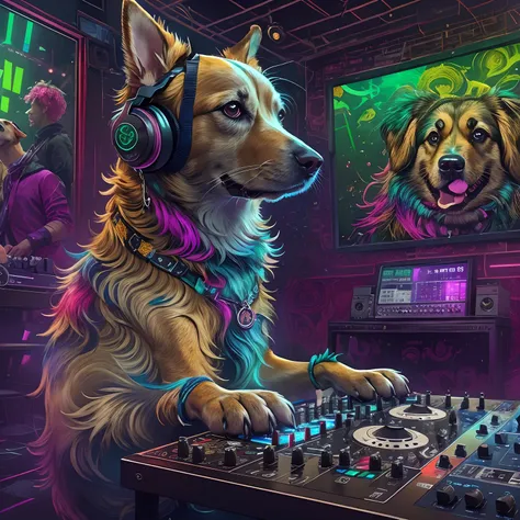 tmasterpiece， high high quality， best quality at best，rock ballroom，stylish dog dj，dogs wear punk headphones，dogs wear rock cost...