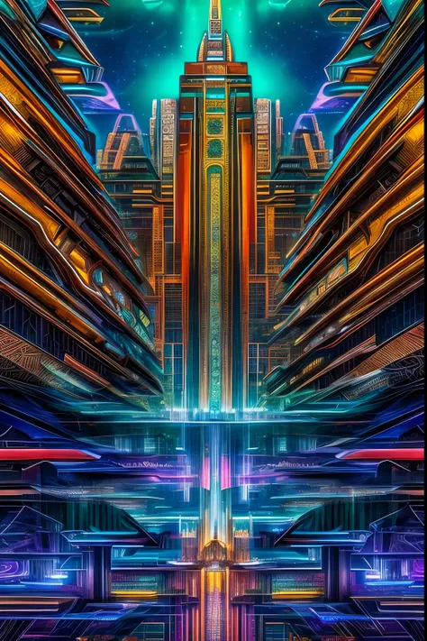 a close up of a picture of a building with many different designs, maximalism digital art, in style of futurism.digital art, sym...