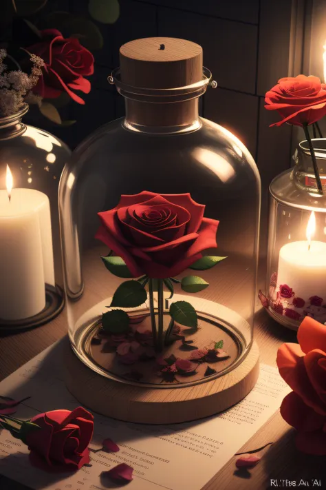 there are two glass jars with flowers and candles on a table, motor irreal ; romantic theme, roses in cinematic light, 8 k cg re...