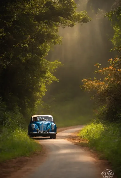 o carro trafega na rodovia，the road ahead is full of ups and downs，the road is lined with greenery，there are flowers，o sol brilh...