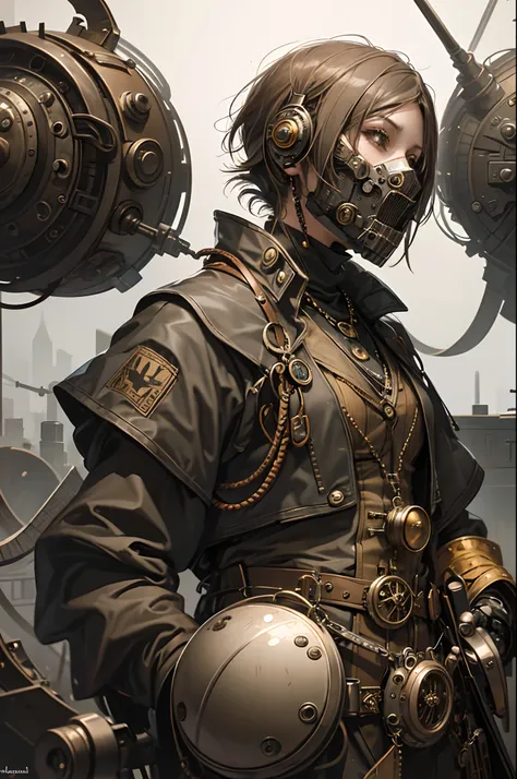 steampunk girl standing in front of a strange tank, --auto