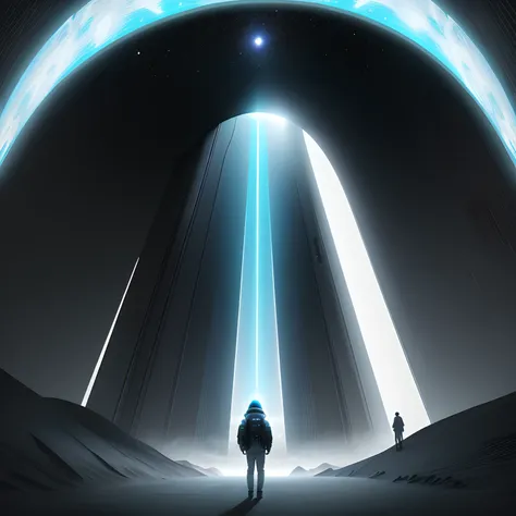 aalfid stood in the tunnel，the background is a black hole, portal to outer space, astronaut lost in liminal space, interstellar ...