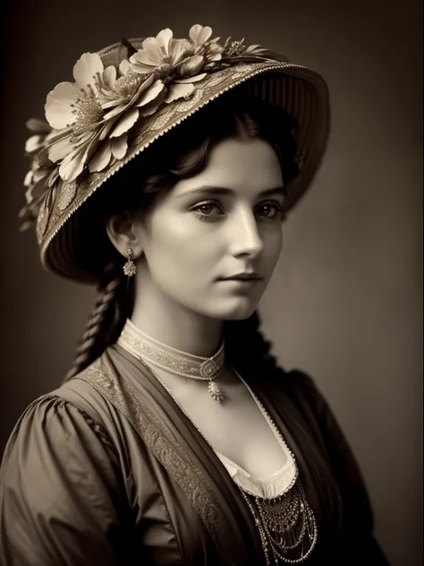 (masterpiece) an insanely beautiful victorian lady nomad with rich flowering headdress, vintage sepia photography, very old and ...