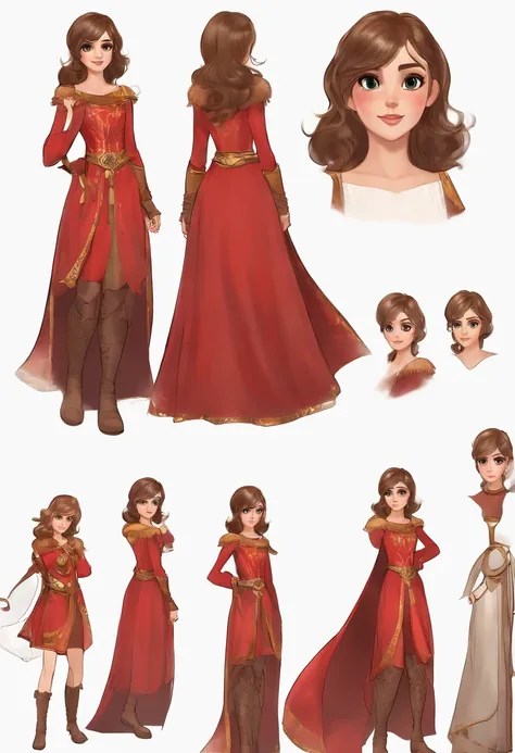 a woman character with long brown hair and bangs, golden eyes and wearing a red medieval dress and brown boots, different angles...